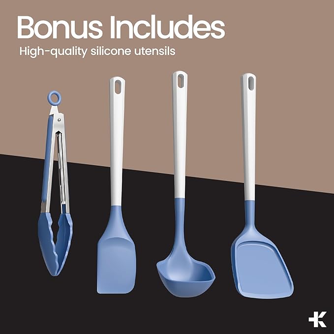 Bakken 12-Piece Aluminum Cookware Set with Ceramic Nonstick Coating PTFE &amp PFAS Free All Stovetop Safe Up To 500°F Pots and Pans Set with Lids Silicone Utensils Included Dishwasher Safe Blue