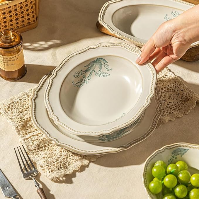 8-Piece Dinnerware Set - Lily Bloom Series Service for 4 Includes 6'' Bowls &amp 10'' Plates Retro Vintage Floral Style Microwave &amp Dishwasher Safe