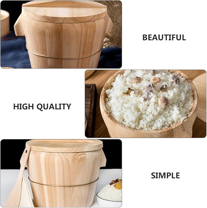 jojofuny Wooden Rice Steamer Bucket 8.26X6.49X6.49 Inch Natural Chinese Material Handmade Steamed Rice Barrel with Iron Handles Removable Bottom for Even Cooking and Easy Cleaning