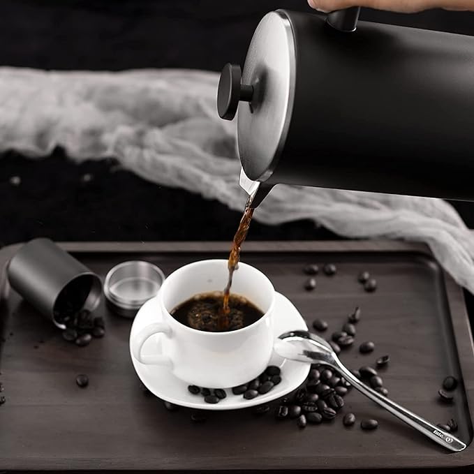 French Press Coffee Maker Double Wall 304 Stainless Steel Coffee Press with 60g Coffee Canister Black Dishwasher Safe 34oz (1L) (Black)
