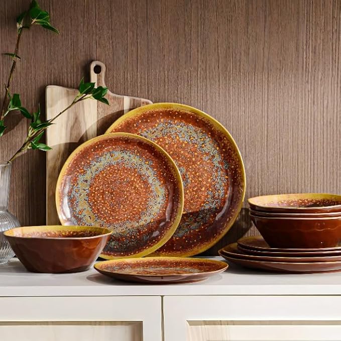 FINE&ampNICE Melamine Dinnerware Set of 12Pcs Dish Set for 4 Lightweight Unbreakable Plate and Bowl Set for Patio RV and Camping Dishwasher SafeRusty Brown