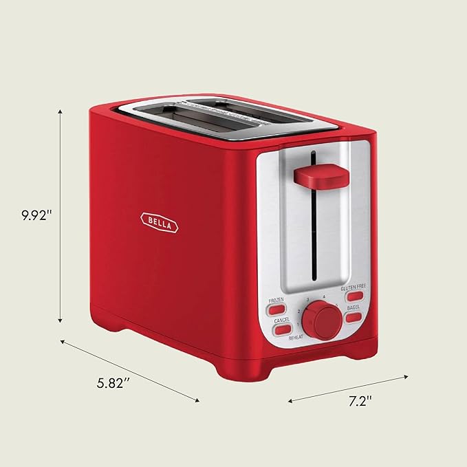BELLA 2 Slice Toaster with Auto Shut Off - Extra Wide Slots &amp Removable Crumb Tray and Cancel Defrost &amp Reheat Function - Toast Bread Bagel &amp Waffle Red