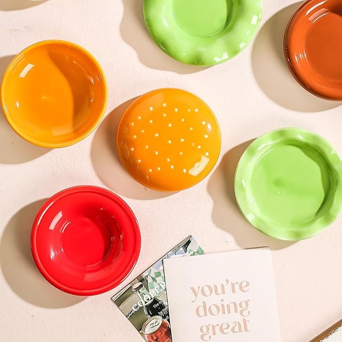 Hamburger Plate Set Ceramic Hamburger Plates And Bowls Sets 5-Piece Novelty Stackable Burger Dinnerware Set Cute Hamburg Style Dessert Plates Dishwasher Safety (Small-3.74 * 3.74 * 3.62 in)