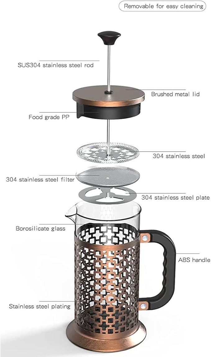 French Press Coffee Maker 1000ML 304 Stainless Steel Coffee Press Durable Easy-to-Clean Heat Resistant Borosilicate Glass-100% BPA Free (Color : Gold)