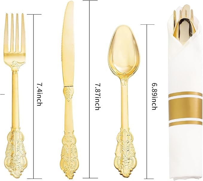 Nervure 400PCS Pre Rolled Gold Plastic Silverware Sets - Heavy Duty Fancy Gold Cutlery - Include 100 Pack Wrapped Disposable Utensils with Napkins for Parties Dinners &amp Weddings