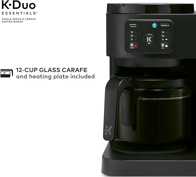 K-Duo Essentials Hot &amp Iced Single-Serve Coffee Maker with 12-Cup Glass Carafe Brews KCup Pods &amp Coffee Grounds Multiple Brew Sizes 72 oz Reservoir Pause &amp Pour Feature (Blacks)