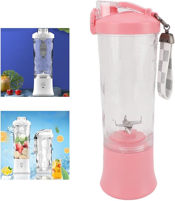 Portable Blender USB Electric Blender Mini Juicer Cup with Stainless Steel Blades 2 Modes for Making Smoothies Juice Shakes for Travel Camping Gym Office 600ml (White) (Roseate)