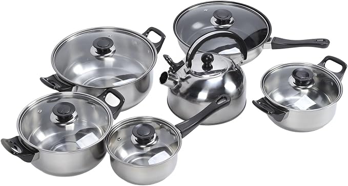 Stainless Steel Kitchen Cookware Set Durable Complete Cooking Solution for Home Kitchen Stainless Steel Pots Pans Set for Family GlassBlack 6 Pieces