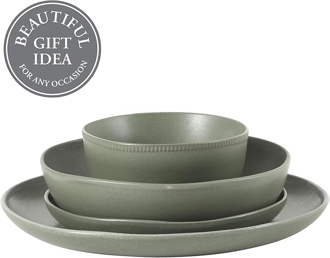 Gibson Elite Menlo Park 16-Piece Pottery Clay Stoneware Dinnerware Set – Green Reactive Glaze Organic Shape Embossed Plates and Bowls W/Pasta Bowl Service for 4 – Microwave &amp Dishwasher Safe