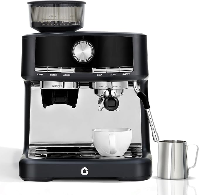 20 Bar Pressure Stainless Steel Espresso Machine with Grinder 1.5l Removable Water Tank Milk Frother Steam Wand for Latte and Cappuccino Adjustable Shot VolumeBlack