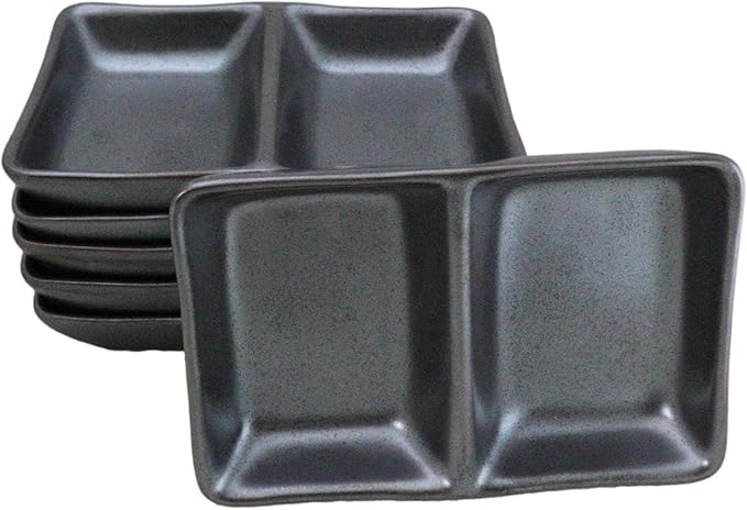 Ebros Gift Iron Black Clay Underglaze Technique Tetsu Kesho Porcelain Dinnerware Kitchen Set Asian Japanese Restaurant Supply (Pack Of 6 Dual Compartment Rectangle Sauce Dishes)