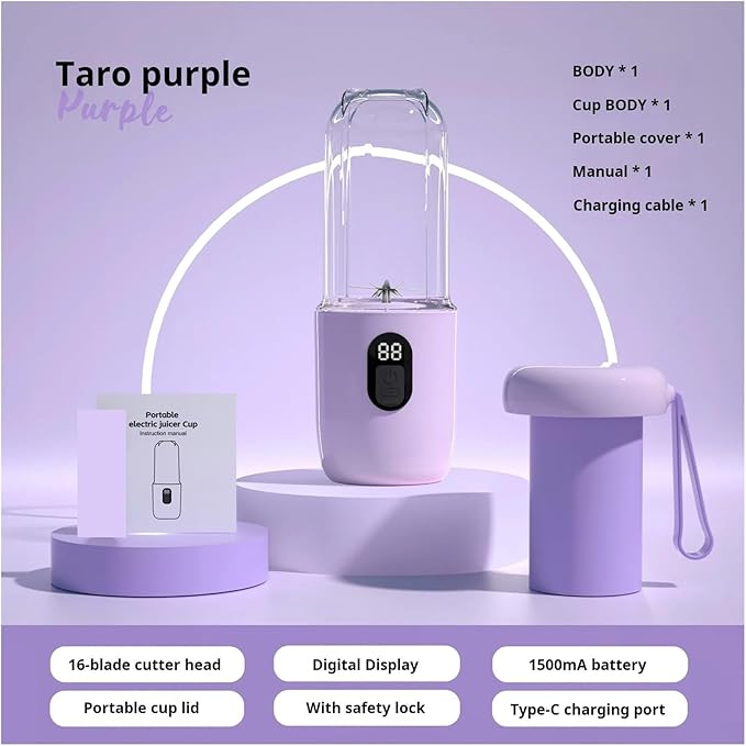 Compatible for 500ML Portable Blender with Lid Rechargeable Wireless Orange Juicer 16 Stainless Blades Smoothie Vegetables Fruits Mixer(PURPLE)