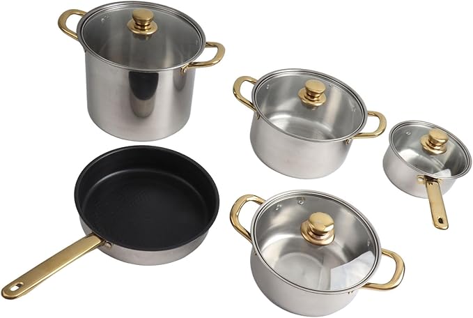 Stainless Steel Pots and Pans Set with Ergonomic Golden Handles Multifunctional Cookware Cooking Pots with Glass Lids Complete Kitchen Set for Versatile Cooking