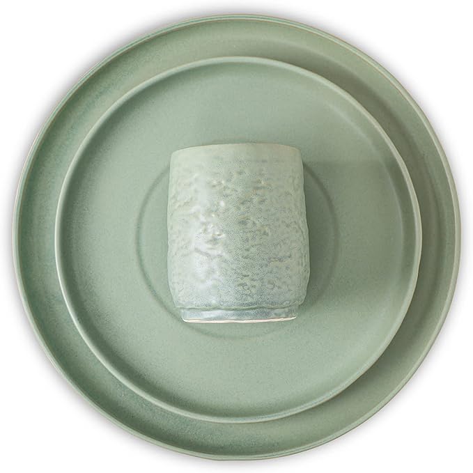 Stone by Mercer Project SHOSAI 16-Piece Stoneware Dinnerware Set Plates and Bowls Set Modern Dishware set fo 4 Sage