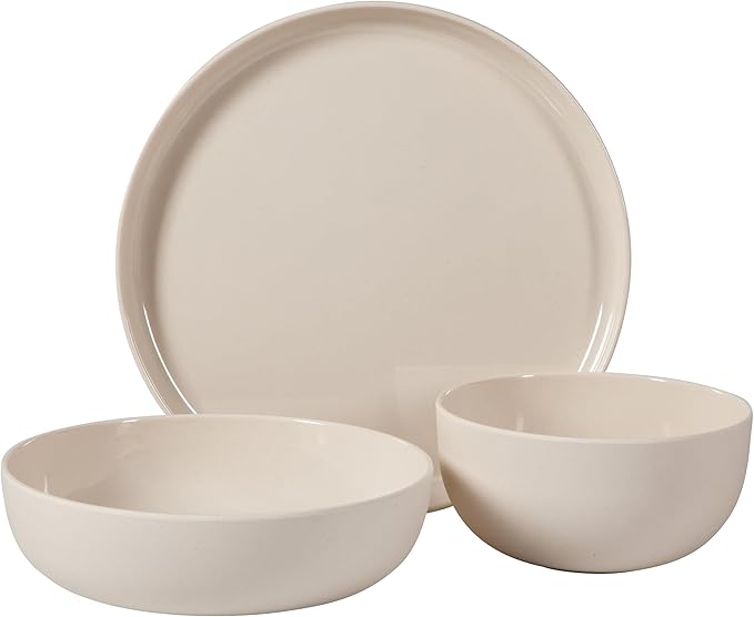 Gibson Home Candy Skies 12 Piece Unbreakable Wheat Straw Melamine Plates and Bowls Dinnerware Set - Outdoor Camping &amp Everyday Use - Matte Exterior/Shiny Interior Taupe Cream