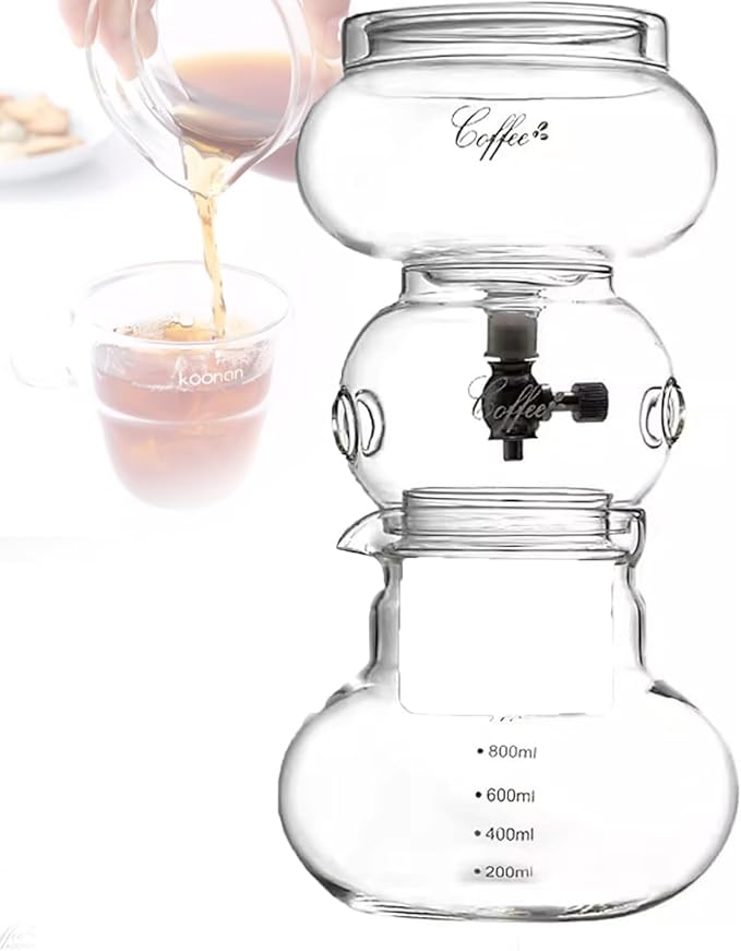 Ice Drip Coffee Maker Cold Brew Coffee Dripper Tower with Adjustable Dripper Borosilicate Glass Pot Wood Straight Frame for Home Office Makes 3-5 Cups