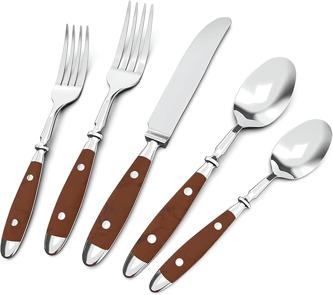 Silverware Set For 8 with Two Rivets Vintage 40-Piece Everyday Flatware Set with Wood Grain Bakelite Handle Stainless Steel Cutlery Set Dishwasher Safe Knives Spoons and Forks Set