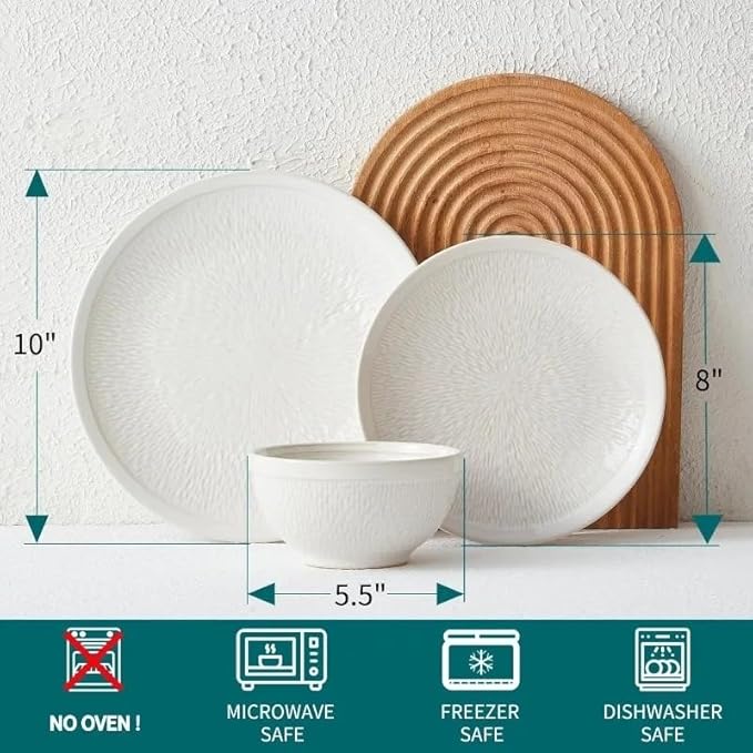 Dinnerware Sets Beige Relief Plates and Bowls Sets 12 Pieces Stoneware Dinnerware Set Service for 4