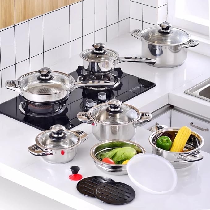 Cooking Pot Frying PanCookware Set Stainless Steel 16-Piece Cooking Pot&ampPan Set Include SaucepanCasseroleSalad BowlSteaming Insert