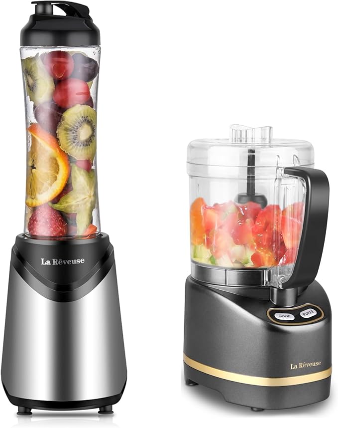 La Reveuse 300W Personal Size Blender (Silver) + La Reveuse 2-Cup Mini Food Chopper (Metallic Grey)