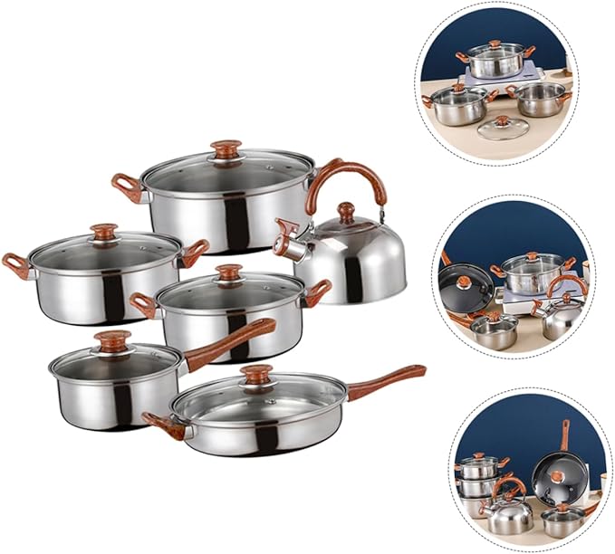 IMIKEYA 12-Piece Stainless Steel Cookware Set Induction-Compatible Pots Pans Including Milk Pan Soup Pot and Kettle Easy to Clean Cookware for Home Kitchen