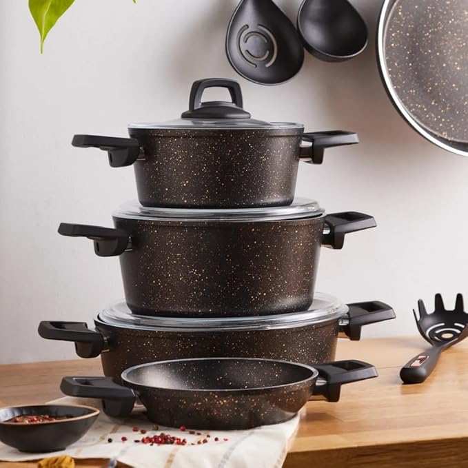 Karaca Blackgold Biogranite Cookware Set with Kitchen Utensil Set 13 Pcs 5 Cookware Pot and Pan with Lids 5 Utensils Non-Stick Coating Convenient Dishwasher Safe Easy to Clean