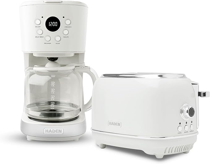 Haden 12 Cup Programmable Coffee Maker with Brew Strength Control and Heritage Stainless Steel Bread Toaster 2 Slice Wide Slot Ivory &amp Chrome