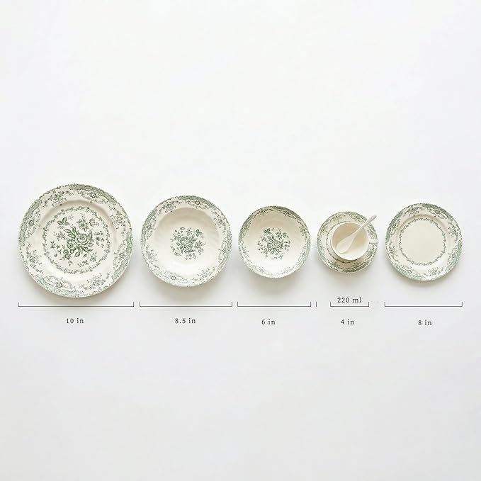 Vintage Floral Porcelain Dinnerware Set for 4 20-Piece Country Cottage Style Plates &amp Cup Saucers Set Hand-Painted Green Botanicals Wavy Edge Dishwasher Microwave Safe