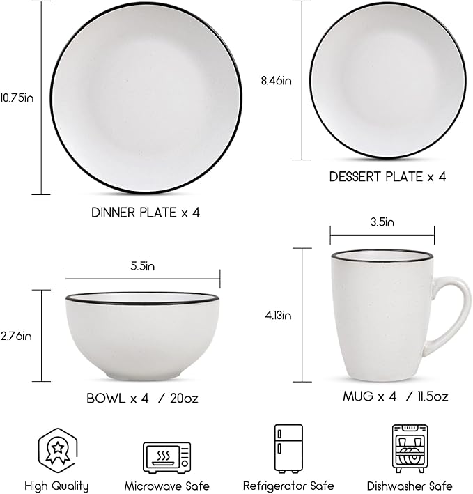 Homlouue 16 Pieces Stoneware Dinnerware Set Speckled Ceramic Plates and Bowls Mugs Sets Service for 4 Ceramic Dishes Set Microwave and Dishwasher Safe(White with Black Rim)