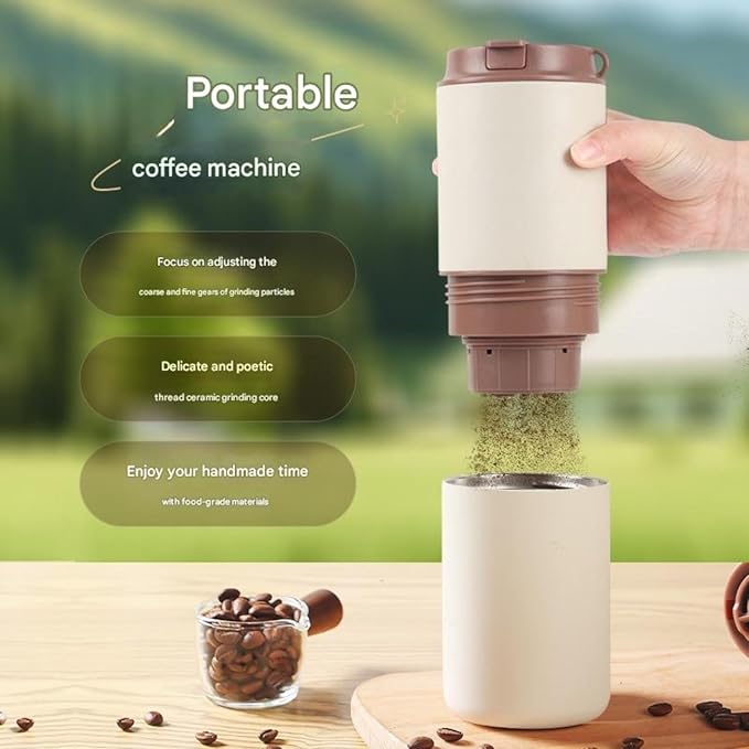 Portable All-in-One Coffee Maker with Grinder —USB-C Rechargeable Cordless Ceramic Burr Low-Heat Grind &amp 5-Stage Grind 250ml Stainless Cup &amp Dual-Layer Filter — Travel Office Camping Dorm