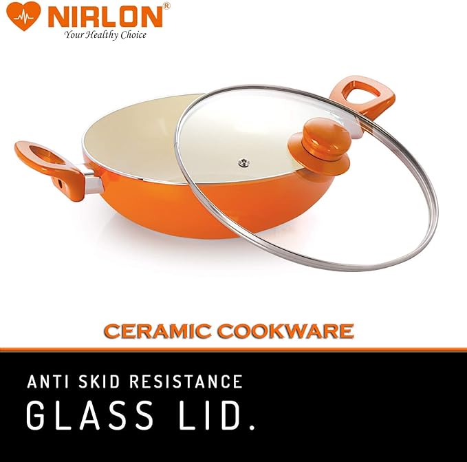 NIRLON Non-Stick Induction Ceramic Casserole and Kadhai with Glass Lid - Set of 2 (Orange)