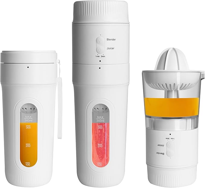 Hakka Portable Blender 3 in 1 Personal Blender for Shakes and Smoothies 12oz Multifunctional Juicer Cup with 4 Blades &amp USB Type-C Rechargeable White