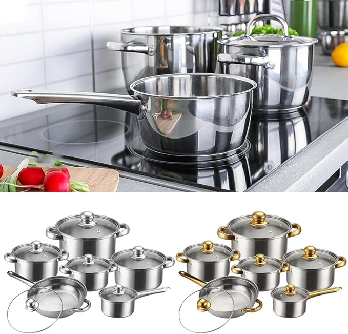 Stainless Heavy Steel Pots and Pans Set 12PCS Ktichen Stainless Steel Nonstick Cookware Set with Glass Lids Full Clad Cooking Set with Stay-Cool Handles Dishwasher Safe Compatible with All Stovetops E