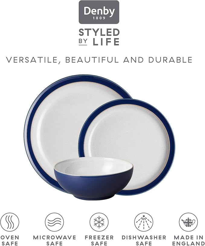 Denby Elements Dark Blue Dinner Set - 4/12 Piece Ceramic Tableware - Dishwasher &amp Microwave Safe - 4 Dinner Plates 4 Medium Plates 4 Cereal Bowls