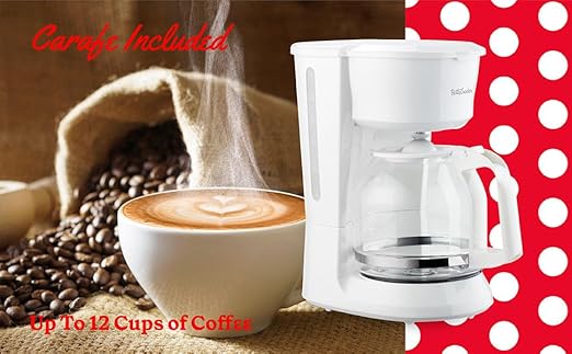 Betty Crocker 12-Cup Drip Coffee Maker with Heat Resistant Glass Carafe Removable Permanent Nylon Filter Pause &amp Pour Water Level Gauge Non-Stick Warming Plate BC-5729W White