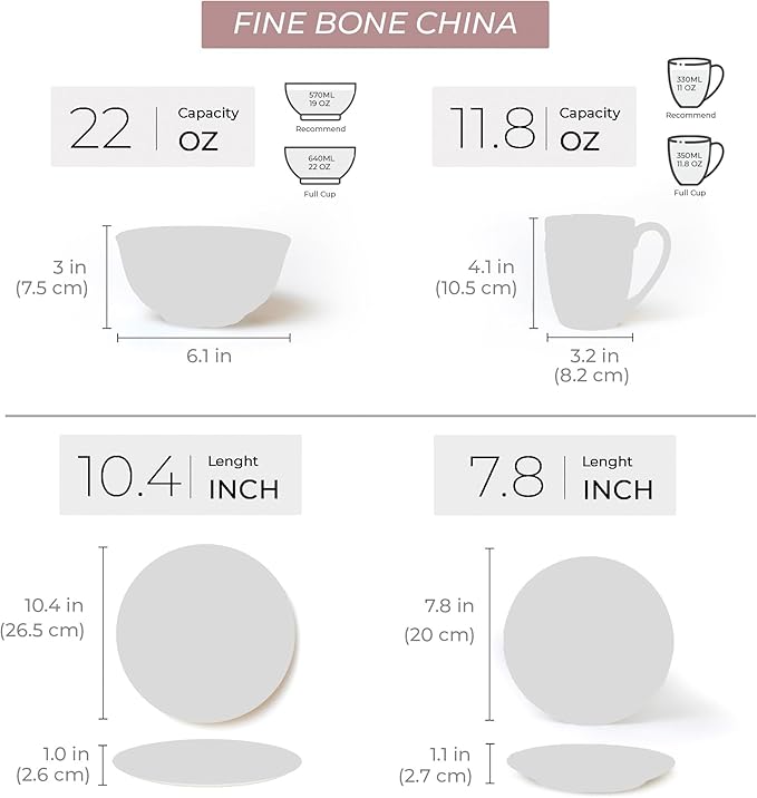 KOKEN Porcelain Dinnerware Set - 16 Pc Round Dinner Set with Mugs Microwave Safe