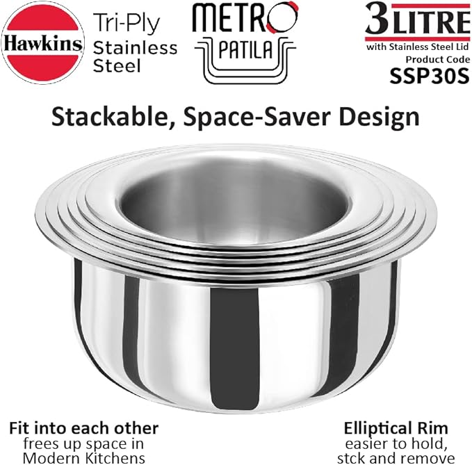 HAWKINS 3 Litre Metro Patila Triply Stainless Steel Tope with Stainless Steel Lid Induction Bhagona Tapeli Silver (SSP30S)