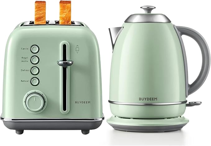 BUYDEEM DT620 2-Slice Toaster Silver with K640N Electric Kettle 1.7L Cozy Greenish
