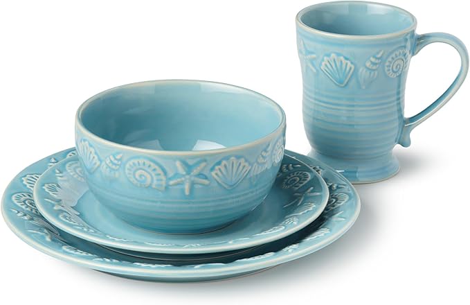 Coastline Blue 16-Piece Stoneware DINNERWARE SETSERVICE for 4with embossed coastal shells and starfish durable sea-blue tableware for relaxed coastal living everyday meals