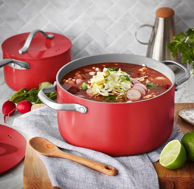 Member Mark 11 Piece Modern Ceramic Cookware Set With Smart Kitchen Tools Set (Assorted Colors) (Red)