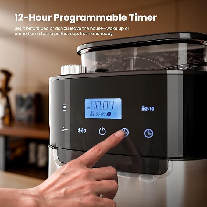 Kismile 10-Cup Digital Drip Coffee Maker with Built-In Grinder Programmable 12H Timer Keep-Warm Function Customizable Strength &amp Grind Size Coffee Machines with Smart LED Touchscreen