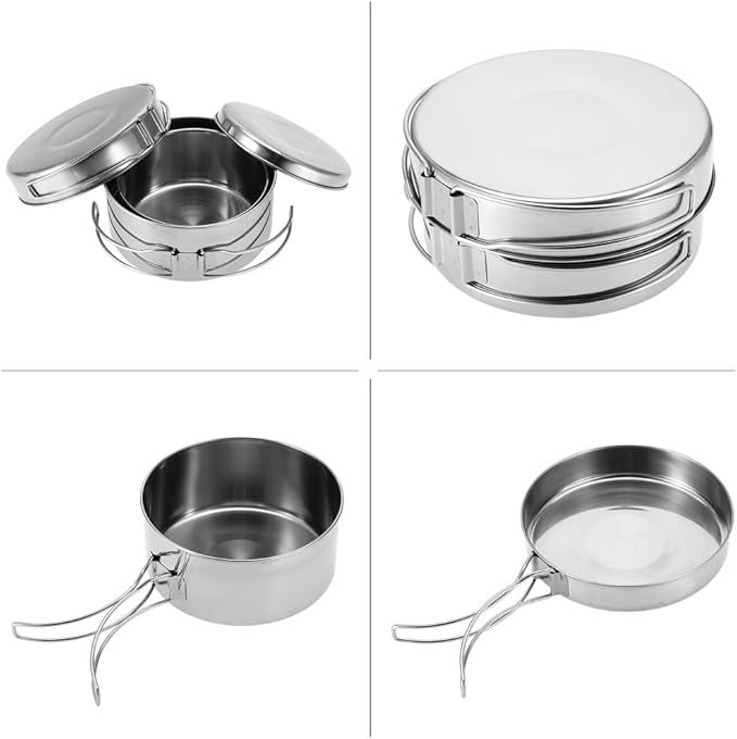 Camping Cooking Set Backpacking Camping Cookware Mess Kit 4Pcs Portable Stainless Steel Camping Picnic Outdoor Pan Pot Plate Tableware