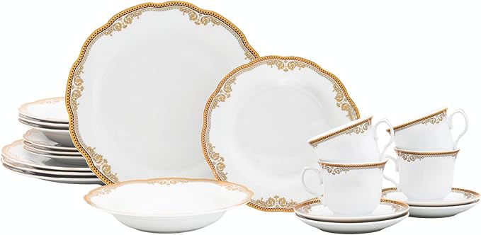 Dinnerware Set Service for 4-20 Piece Gold Floral Design Dishes Set for 4 - Luxurious Plates and Bowls Dish Set Ceramic Bowl - Kitchen Starter Sets for Apartment and Home (Floral Gold 2020)