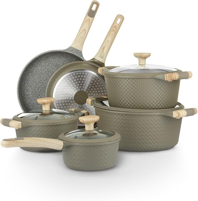 Bambù 10Pcs Cookware set Die-cast Aluminum pots and pans Nonstick frying pans and casseroles Induction safe PFOA-free (Green 10 pcs)