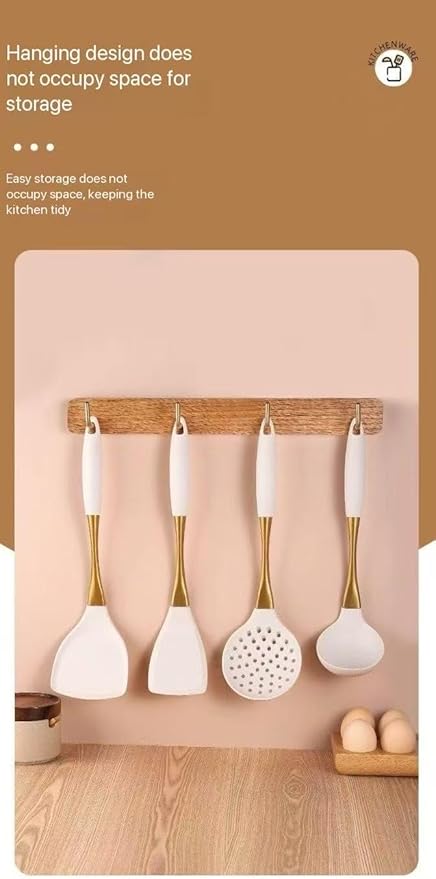 8-Piece White Kitchen Utensil Set with Gold Handles Stainless Steel Cooking Tools Includes Spatulas Ladle Spoons for Nonstick Cookware (Gold and White)