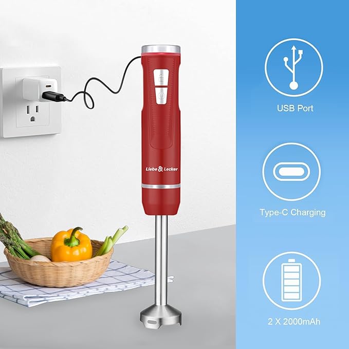 Liebe&ampLecker Immersion Blender Handheld Cordless 3 in 1 Cordless Hand Blender 8 Speed Emulsion Blender Handheld with Whisk Milk Frother for Soup Smoothie Red