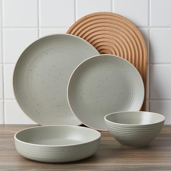Stone Lain Lauren Stoneware Rustic Plates and Bowls Set Dinnerware Service for 8 Speckled Green Dishwasher &amp Microwave Safe 32-Piece