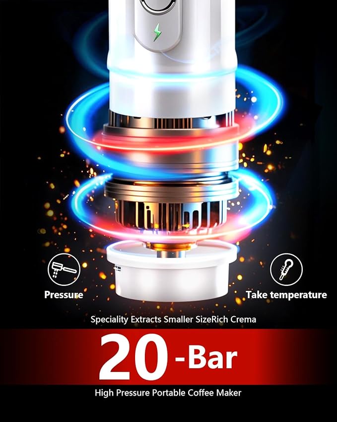 Portable Espresso Machine 3Minute Auto Heat12V Rechargeable Electri Coffee Maker 20 BaCompatible with NS DG Capsules and GroundCoffee for Camping Travelling RVing HikingandOffice (White)