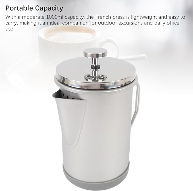 12oz French Press Coffee Maker Portable Stainless Steel 1000ml Hand Brewed Teapot - Durable 304 Steel Multi - Function Filter Ideal for Camping and Travel (Silver)