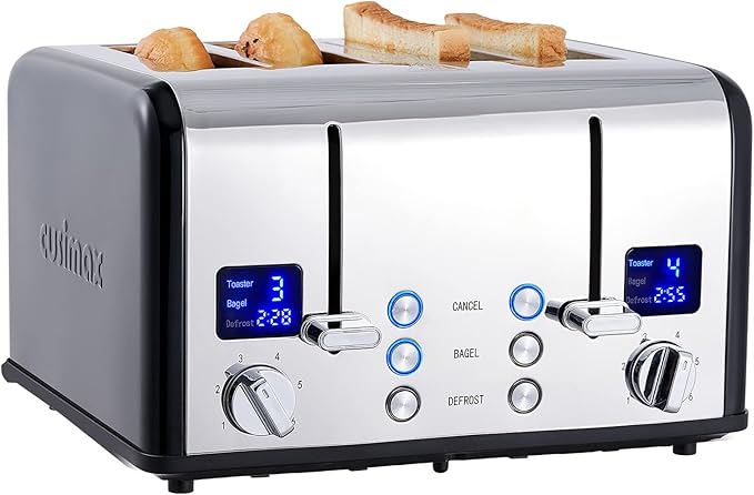 CUSIMAX 4 Slice Toaster Stainless Steel Ultra-Clear LED Display &amp Extra Wide Slots with Dual Control Panels of 6 Shade Settings Cancel/Bagel/Defrost Function Removable Crumb Trays Black